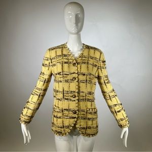 70’s Adolfo Cardigan Sweater Buttoned Scallop Hem Knitted Plaid Yellow Black 4-6